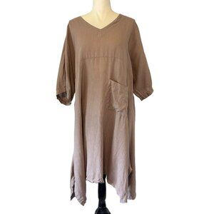 Match Point 100% Linen Sz M Light Brown Dolman Sleeve Shift Dress Lagenlook Boho